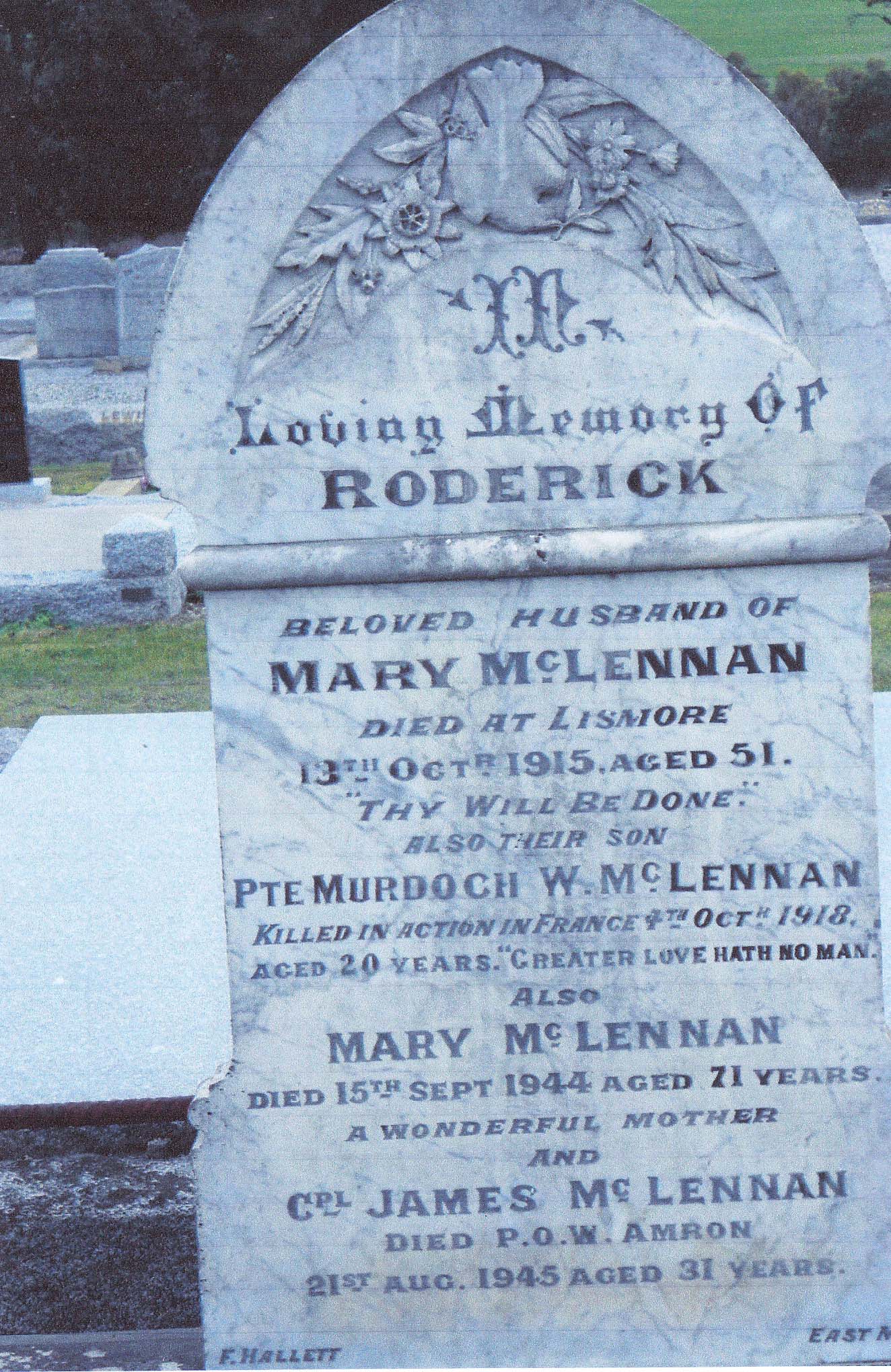 Photo of headstones/Roderick McLennan d1915 hdstn Lismore Vic